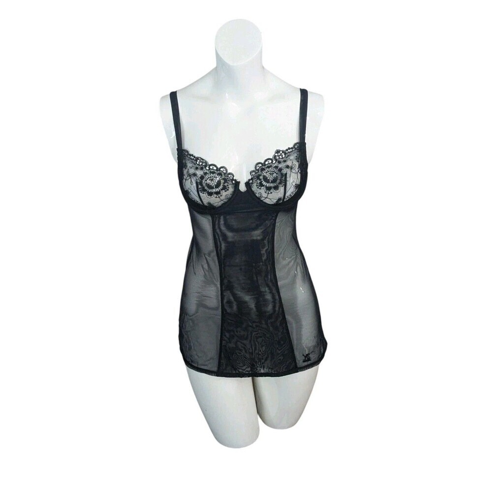 Victorias Secret Slip Dress Womens Black Fairycore Y2K Lace Mesh Chemise 34B